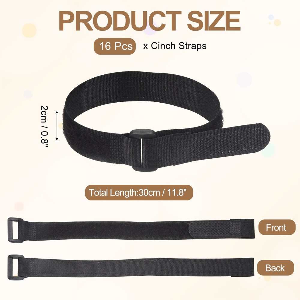 16pcs Reusable Cinch Straps 0.8"x11.8" Hook and Loop Cable Securing Strap, Black