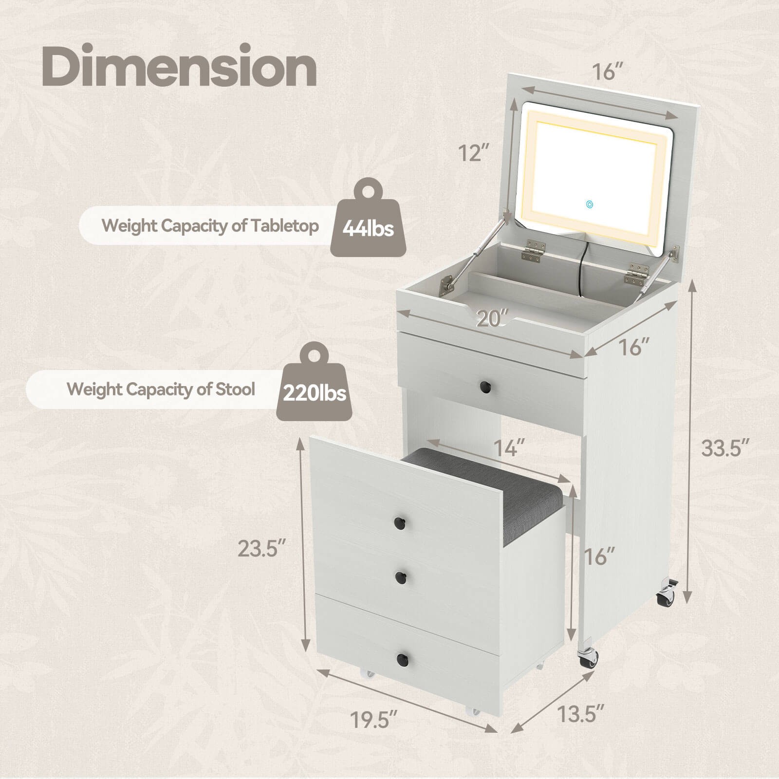 3-in-1 Small Vanity Desk Set w/Flip-top Mirror, Lights, Drawers, Storage Stool