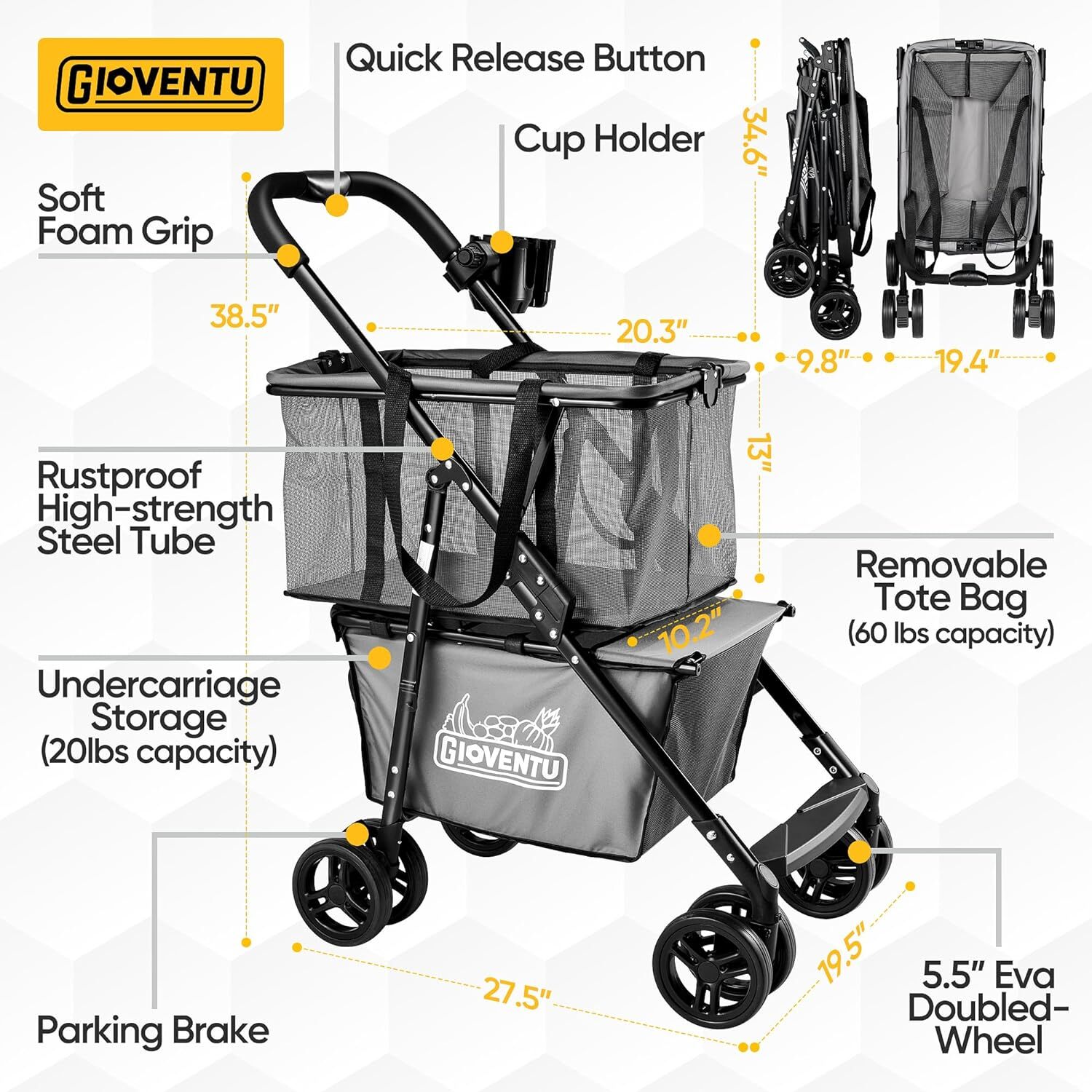 Folding Shopping Cart for Groceries(80lbs) Multifunctional Collapsible Cart