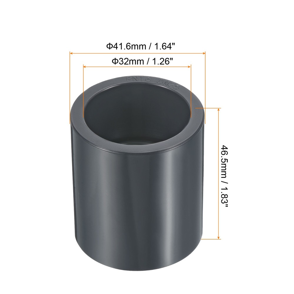 UPVC Pipe Fitting 32mm Socket, 2 Pack Straight Coupling, Dark Grey