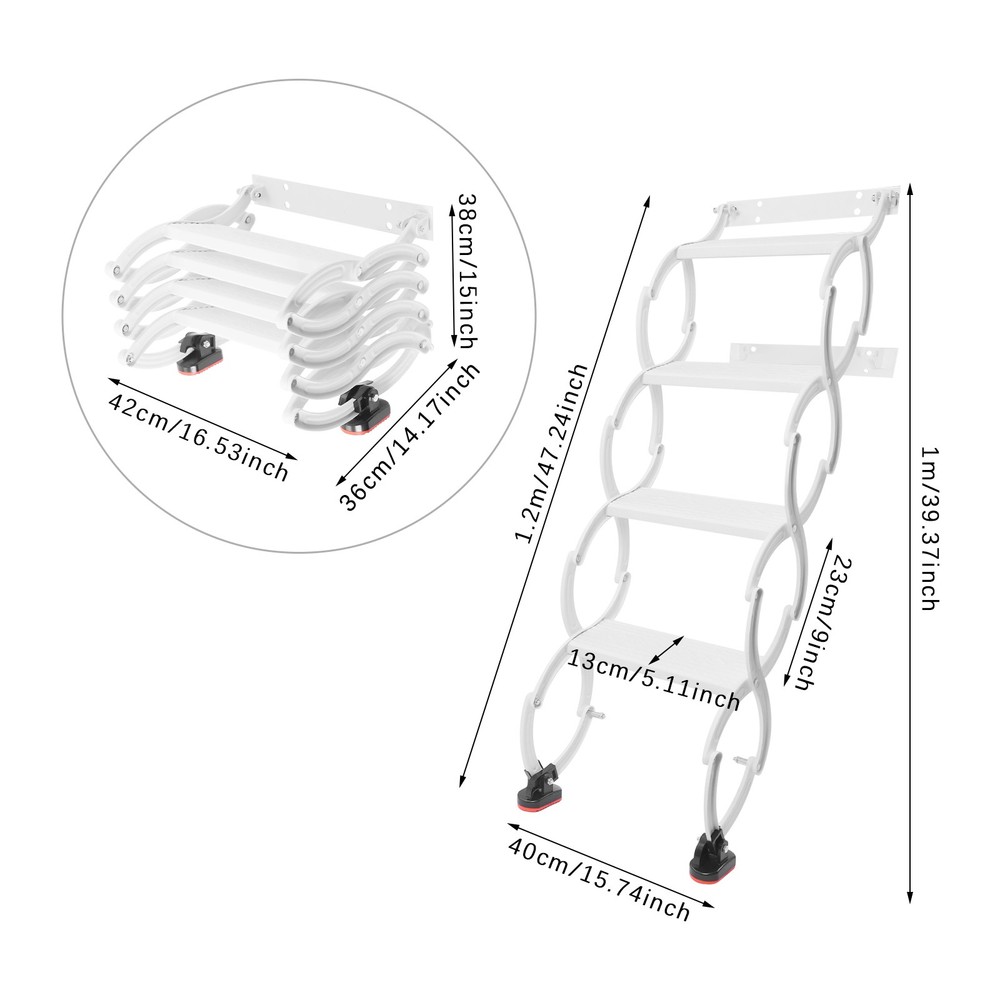 4-Step Wall Mounted Folding Ladder, White Retractable Telescoping Step Ladders
