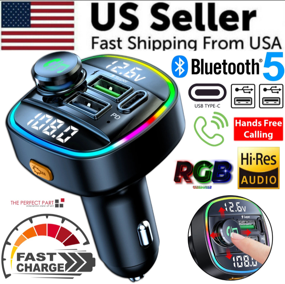 Bluetooth 5.0 Car Wireless FM Transmitter Adapter USB PD Charger AUX Hands Free