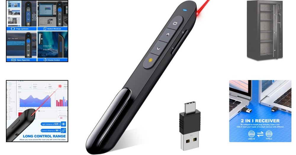 Long-Range Wireless Presenter Remote with Bright Red Laser Pointer - USB-C Ready