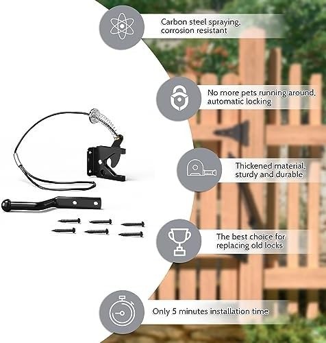 Gate Latch with Spring Cable Pull for Fence Gate - Carbon Steel - Black,Self .