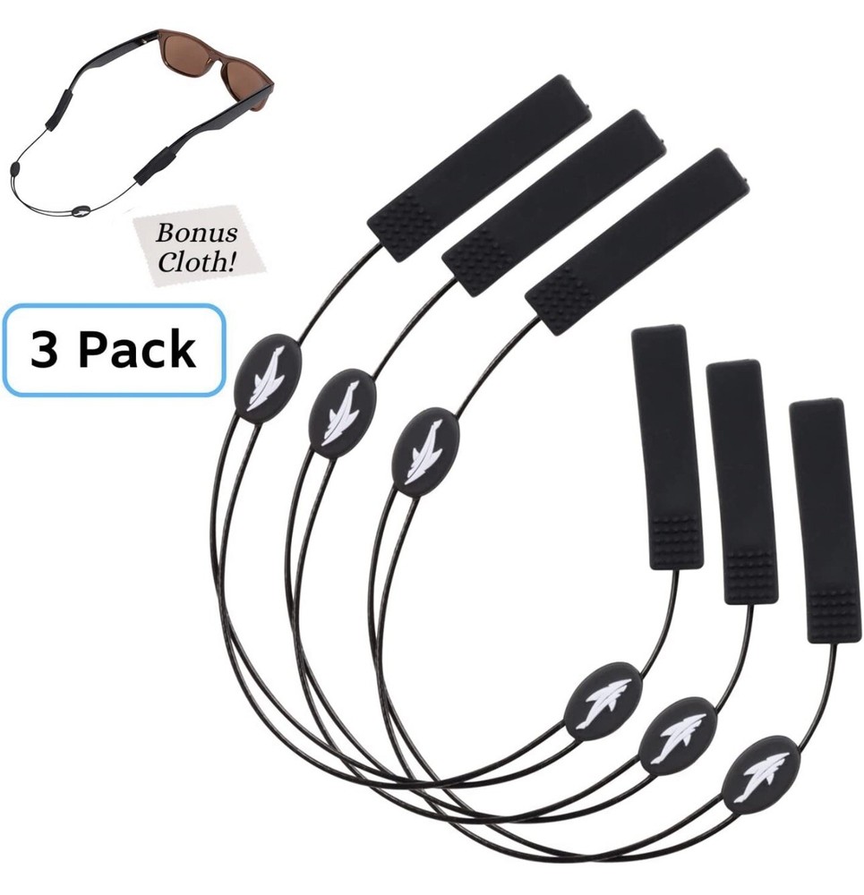 Adjustable Eyeglass Strap (3 Pack Shark Style) - No Tail Sunglass Strap & Cloth