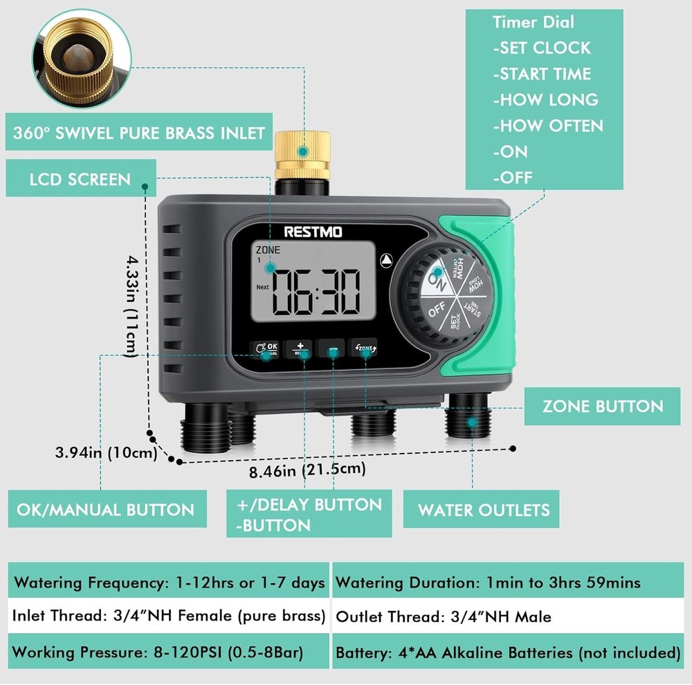 Programmable 4-Zone Sprinkler Timer with Brass Inlet for Effortless Garden Care