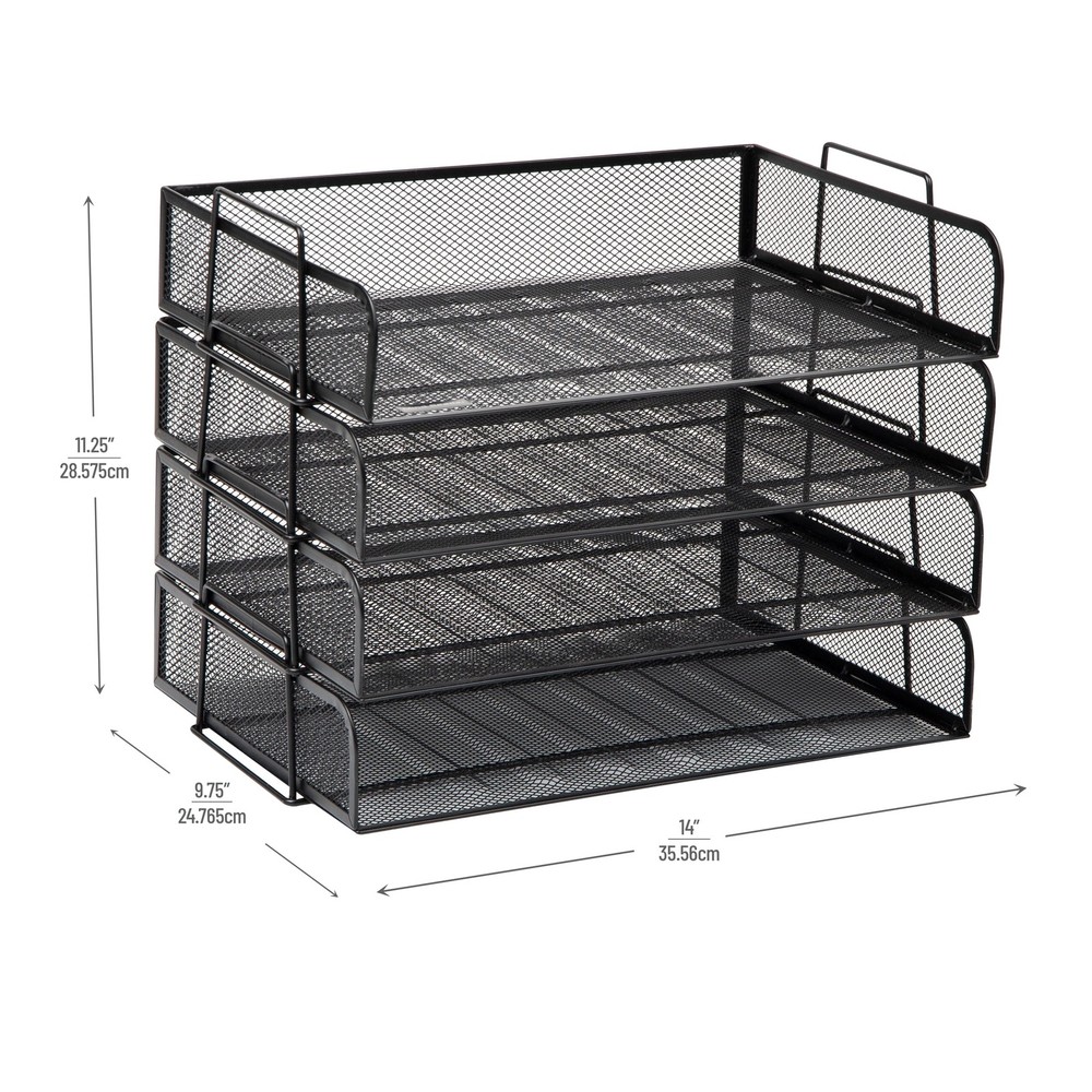 Stackable Paper Tray Desktop Organizer File Storage Metal Mesh 4 Piece Black