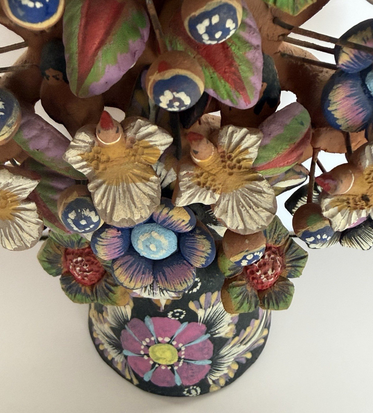 Mexican Clay TREE of LIFE Handmade Multi Color Folk Art Candelabra 12.5" Tall