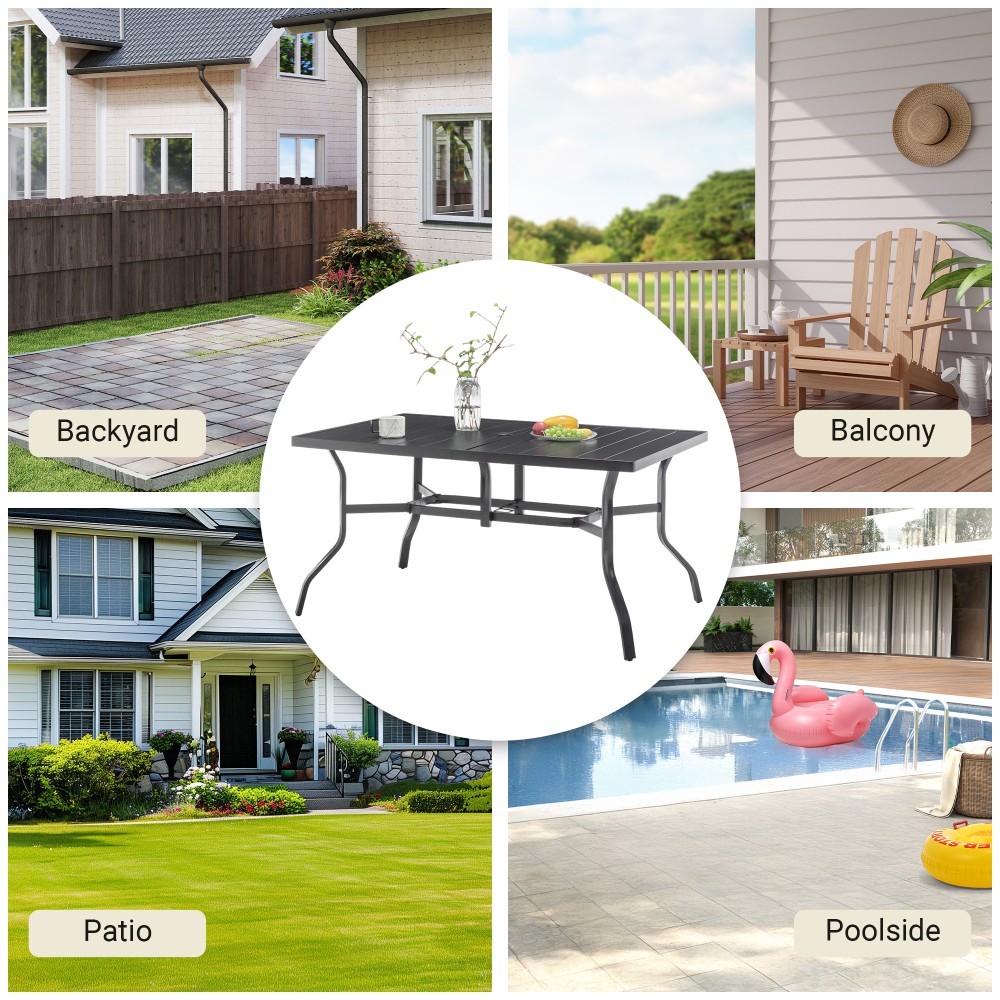 Rectangular Metal Patio Dining Table with Umbrella Hole Anti Slip Pads