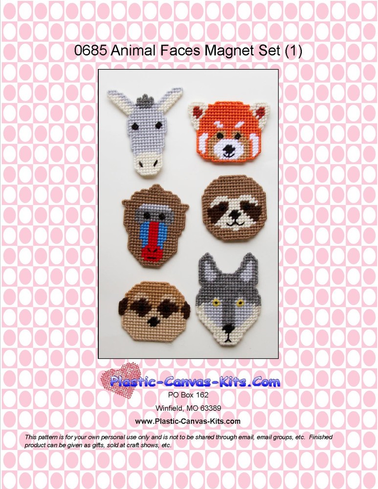 Animal Faces 1 Magnets-Sloth, Red Panda, Wolf-Plastic Canvas Pattern or Kit