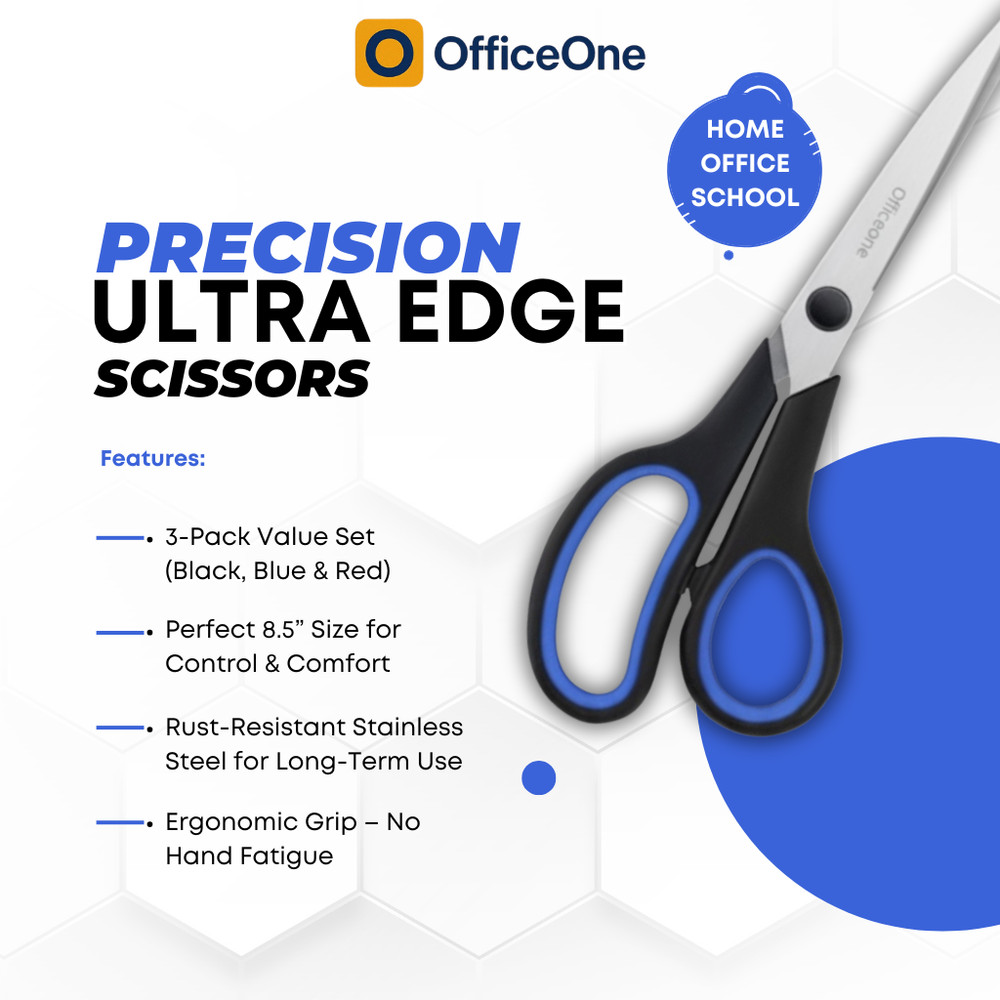 OfficeOne 3-Pack Heavy Duty Scissors 8" – Ultra Sharp Multipurpose Scissors with