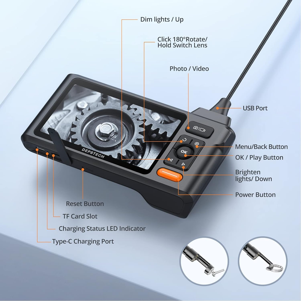 Triple Len Borescope Inspection Camera 5" IPS Screen Endoscope Camera with Light