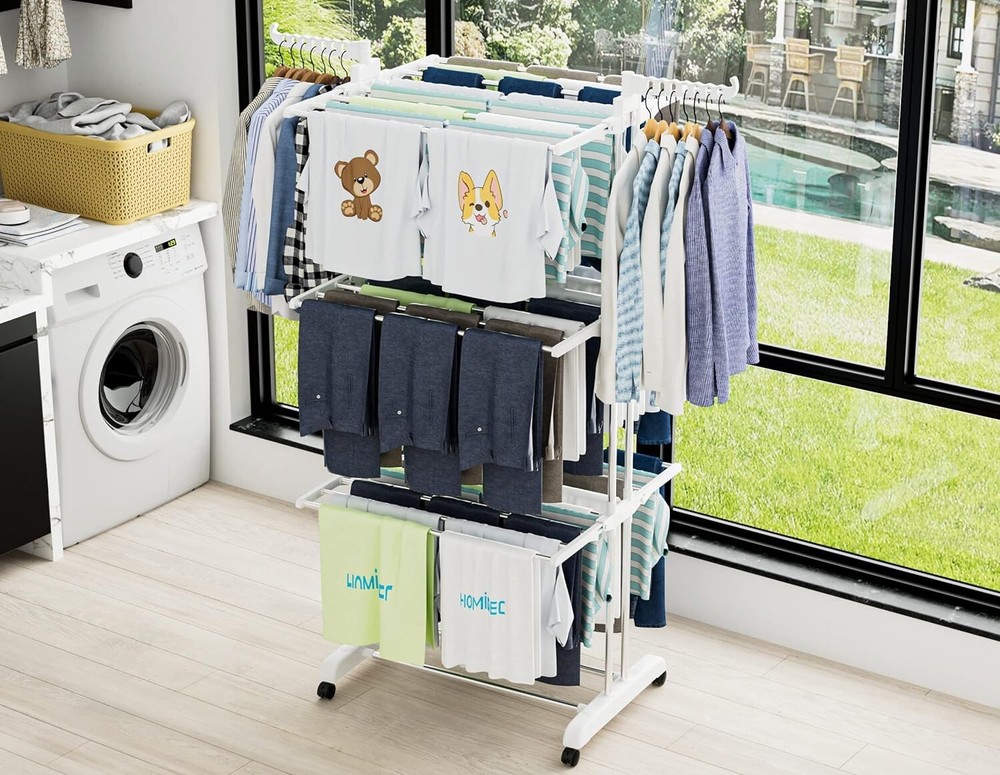 Oversized 4-Tier Foldable Clothes Drying Rack - Stainless Steel - White