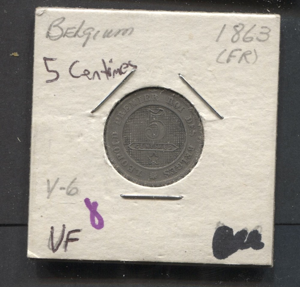 1863- Belgium- VF- 5 Cents