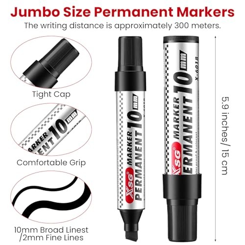 24pcs Extra Large Chisel Tip Black Thick Permanent Markers Set Jumbo Permanent