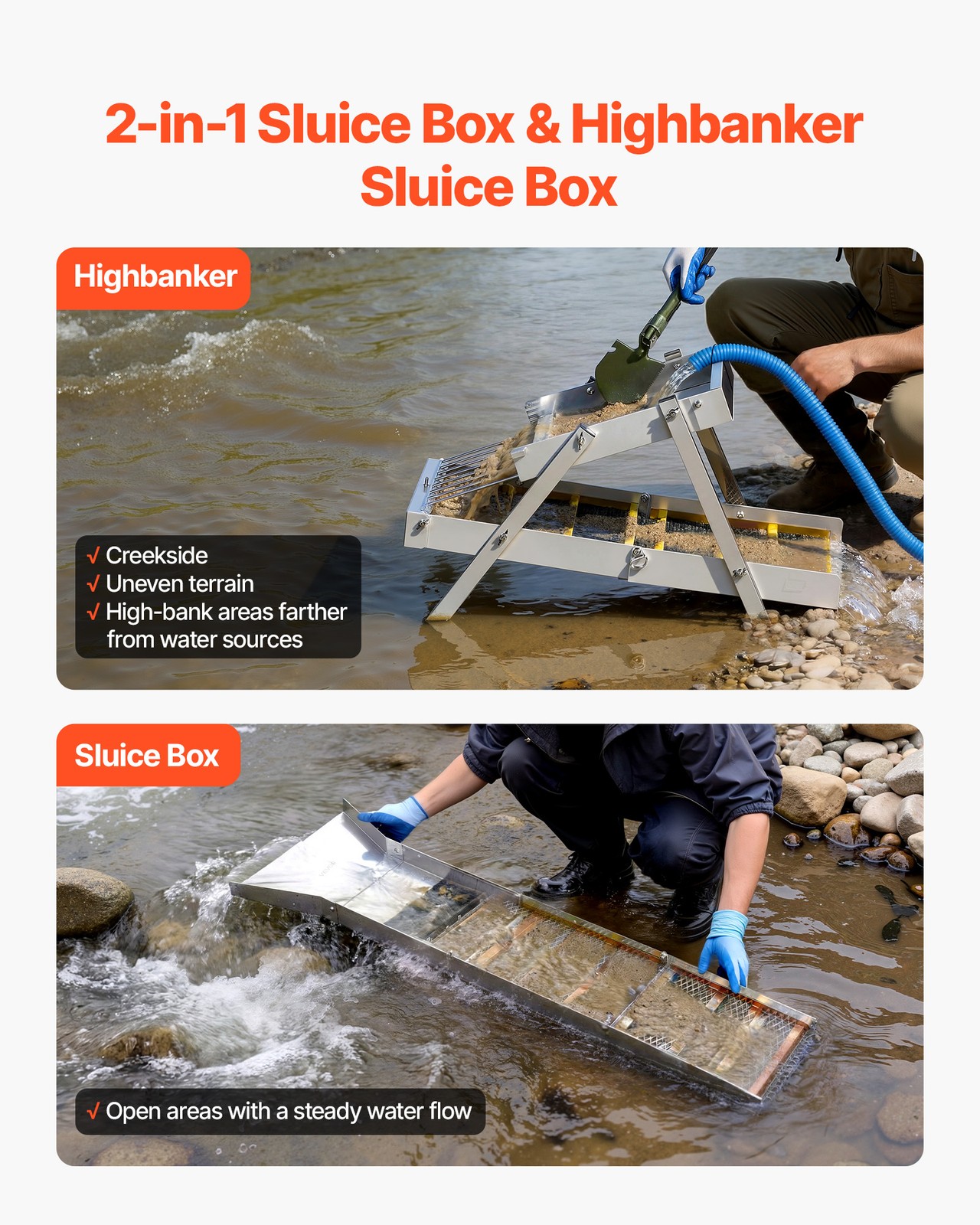 VEVOR High Banker Gold Sluice 2-in-1 Highbanker Sluice Box Aluminum Alloy 50"