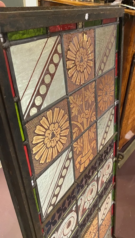 Arts & Crafts Leaded Stained Glass Window Panel with Iron Frame