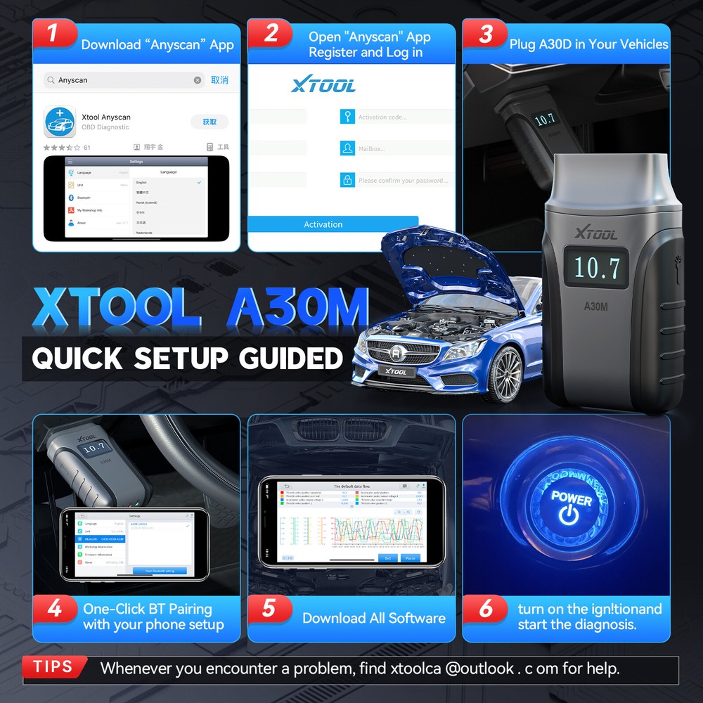 XTOOL A30M V2.0 OBD2 Scanner Full System Diagnostic Tool Bidirectional Bluetooth