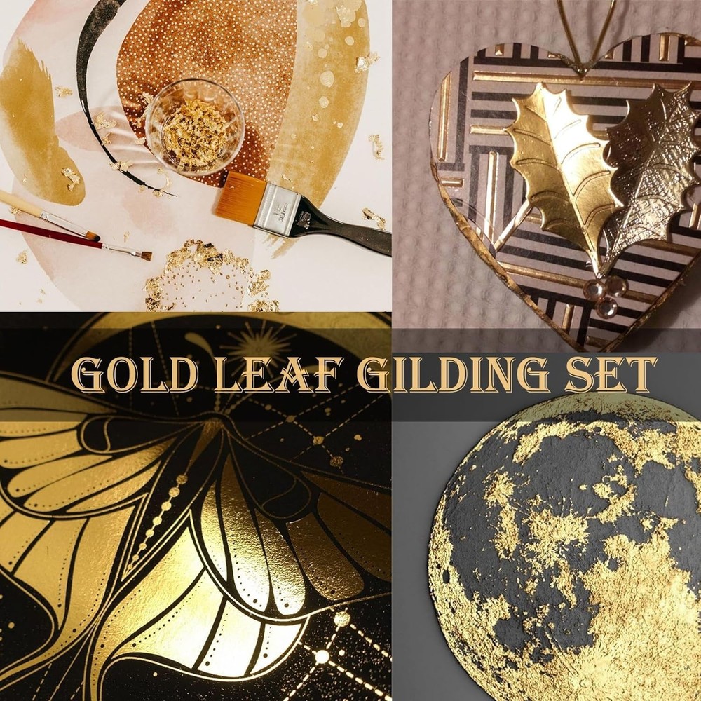 Water-Based Gold Leaf Gilding Adhesive Set with 100 Sheets & Brushes Included