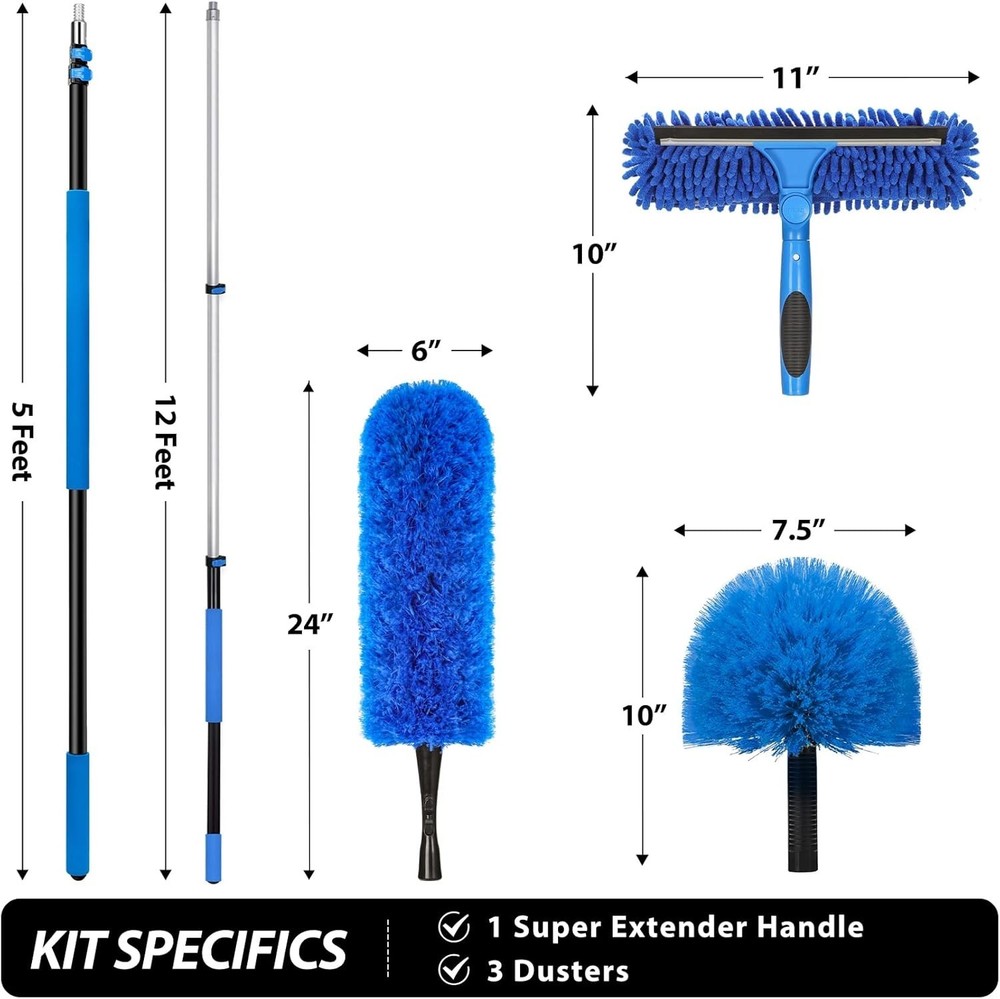 20 Feet High Reach Duster Kit with 5-12 Ft Extension Pole, Cobweb Duster