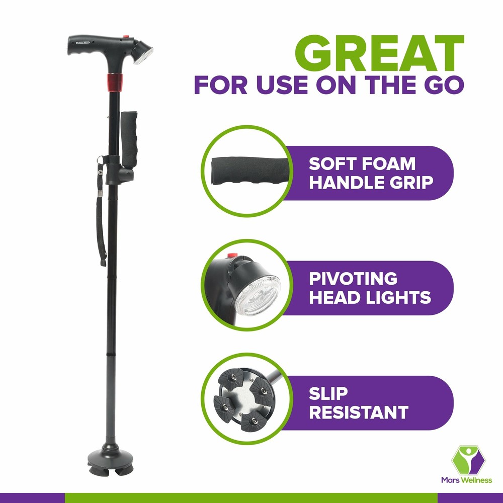 NEW Lightweight Folding Cane with LED Flashlight Flexible Cane Tip, EXTRA Handle