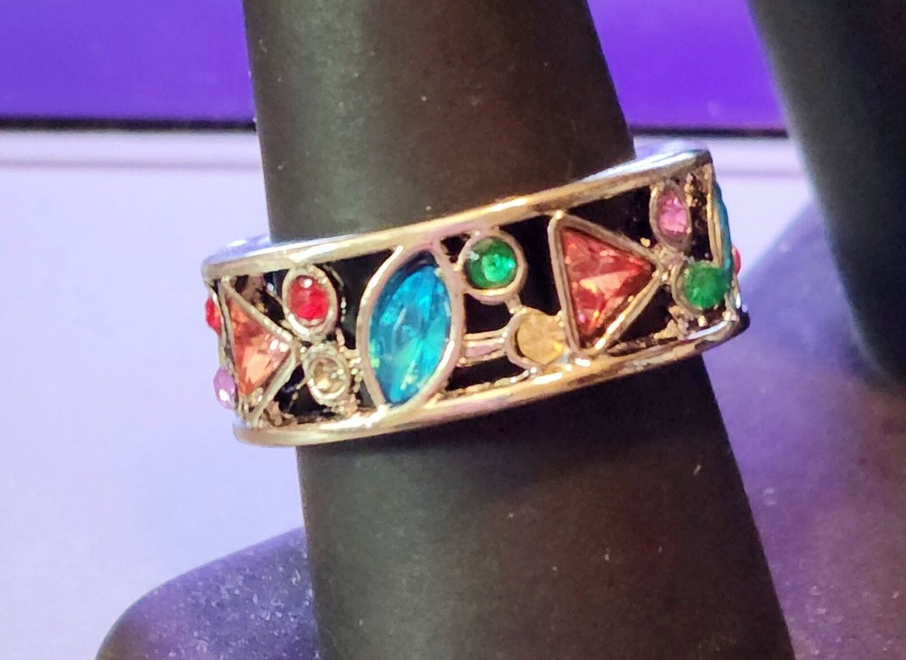 MULTI-COLORED MULTI-STONE SILVER OPEN WORK RING CIGAR BAND SILVER TONE