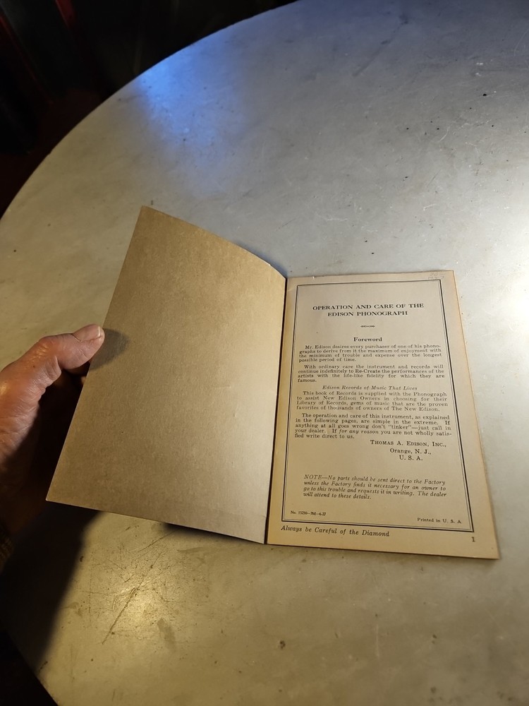 Antique 1927 EDISON PHONOGRAPH Instructions Booklet