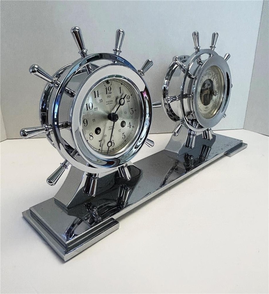 Salem Ship's Bell Clock & Barometer - Ship's Wheel Chrome Case Set
