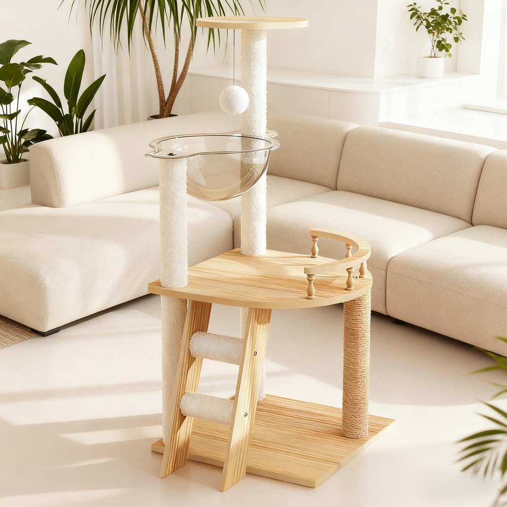 Modern Cat Tower 41.3" Wood Cat Tree with Scratching Posts Perch Hammock