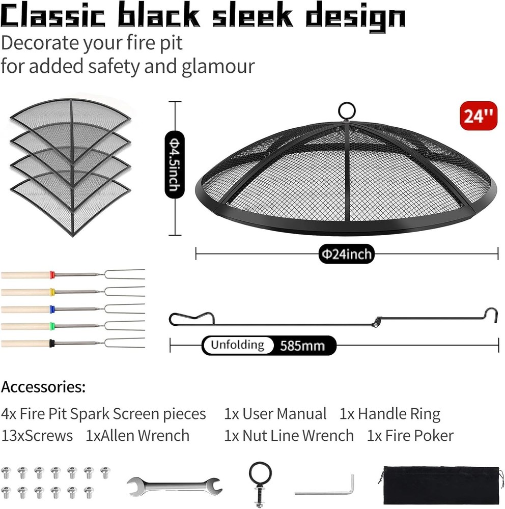 Fire Pit Spark Screen, 24 Inch Outdoor Fire Pit Screen with Foldable Hook