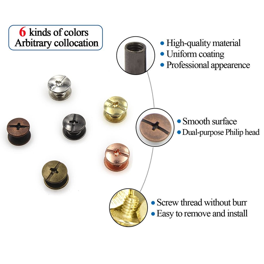 150 Sets Chicago Screws Assorted Kit 6 Color Leather Rivets Screw Rivets Flat...