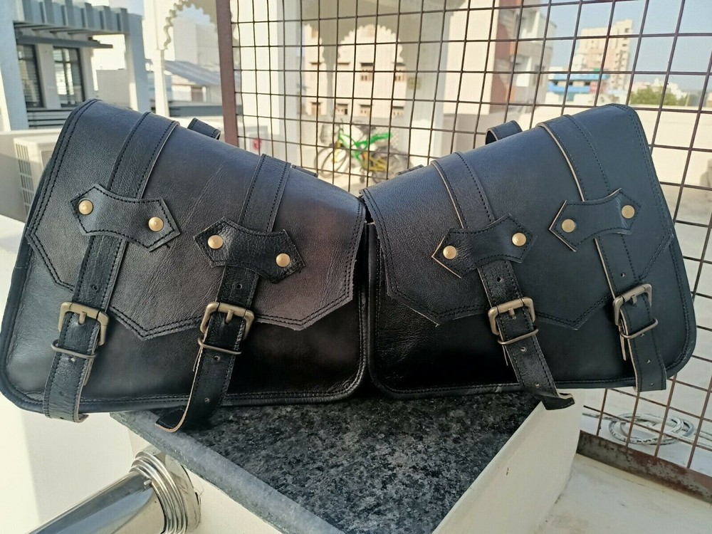Solid Black Goat Leather COMBO Motorcycle Saddle Panniers Tool Pouch Side Bag