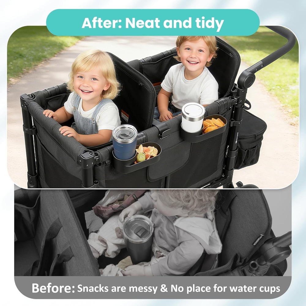 Forward-Facing Support Bar + 4-Pack Stroller Wagon Snack Tray with Spill-Proof C