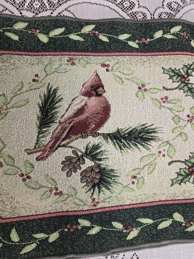 Christmas Cardinals Pine Cones Pointed Table Runner 72"