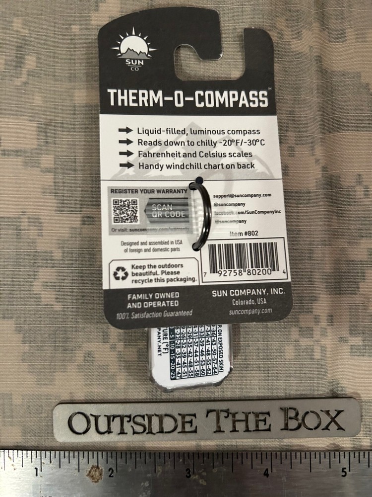 Compass: Therm-O-Compass, Sun Company, Thermometer w/Split Ring & Wind Chart