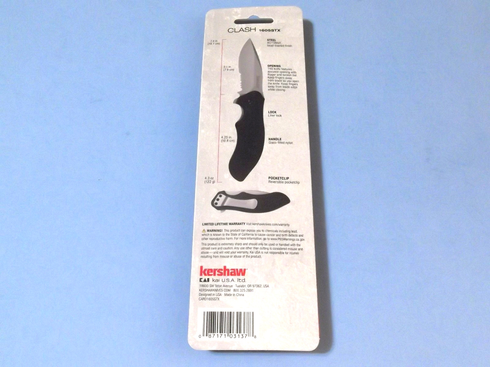 Kershaw 1605ST CLASH Black part serrate assisted linelock knife 4 3/8" closed