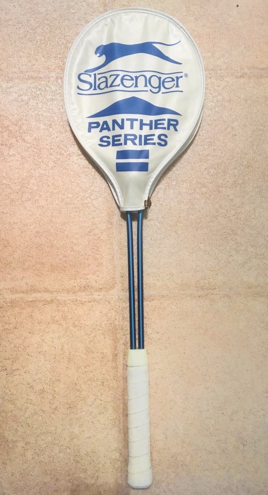 Vintage Slazenger Panther Series Squash Racket White and Blue Graphite Cover
