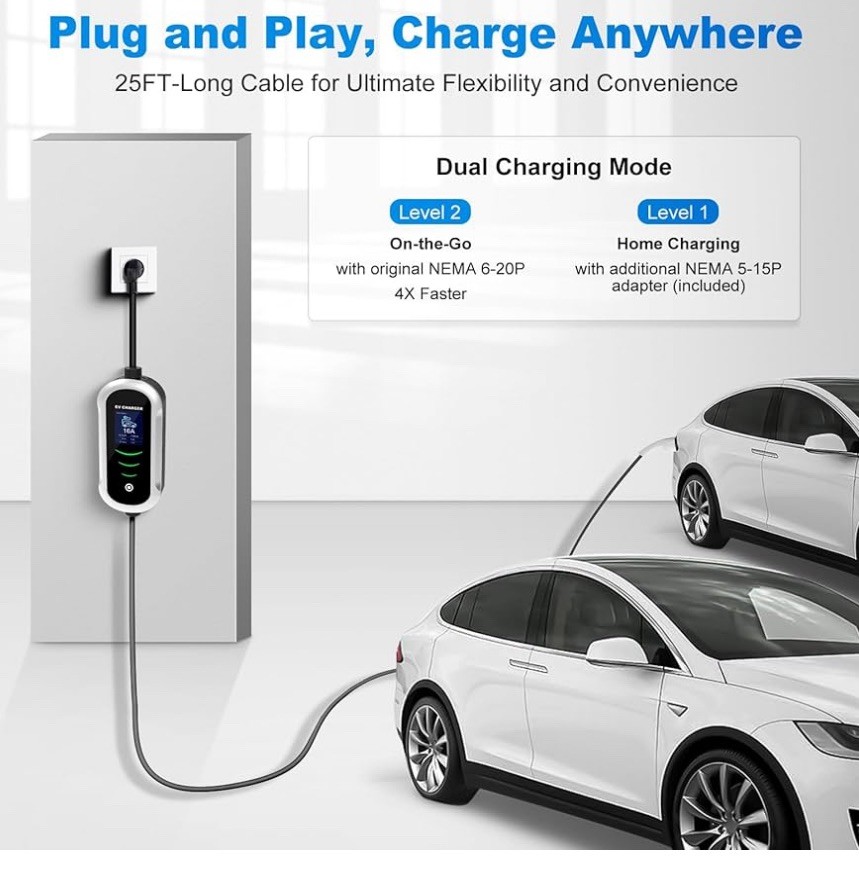 Macarlon Level 1 & 2 EV Charger,16A 110V-240V 25ft Cable,American Flag (Silver)