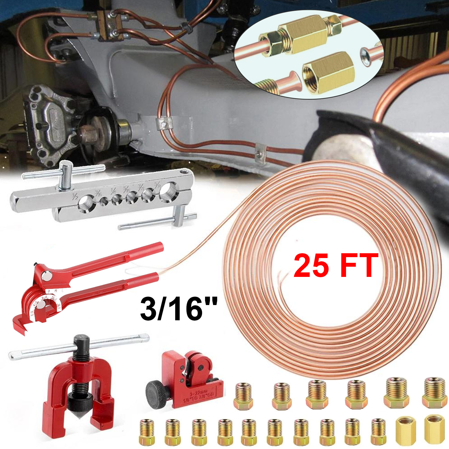 25Ft 3/16" Copper Coated Brake Line Kit + Single Flaring Tool Kit + 20 Fittings