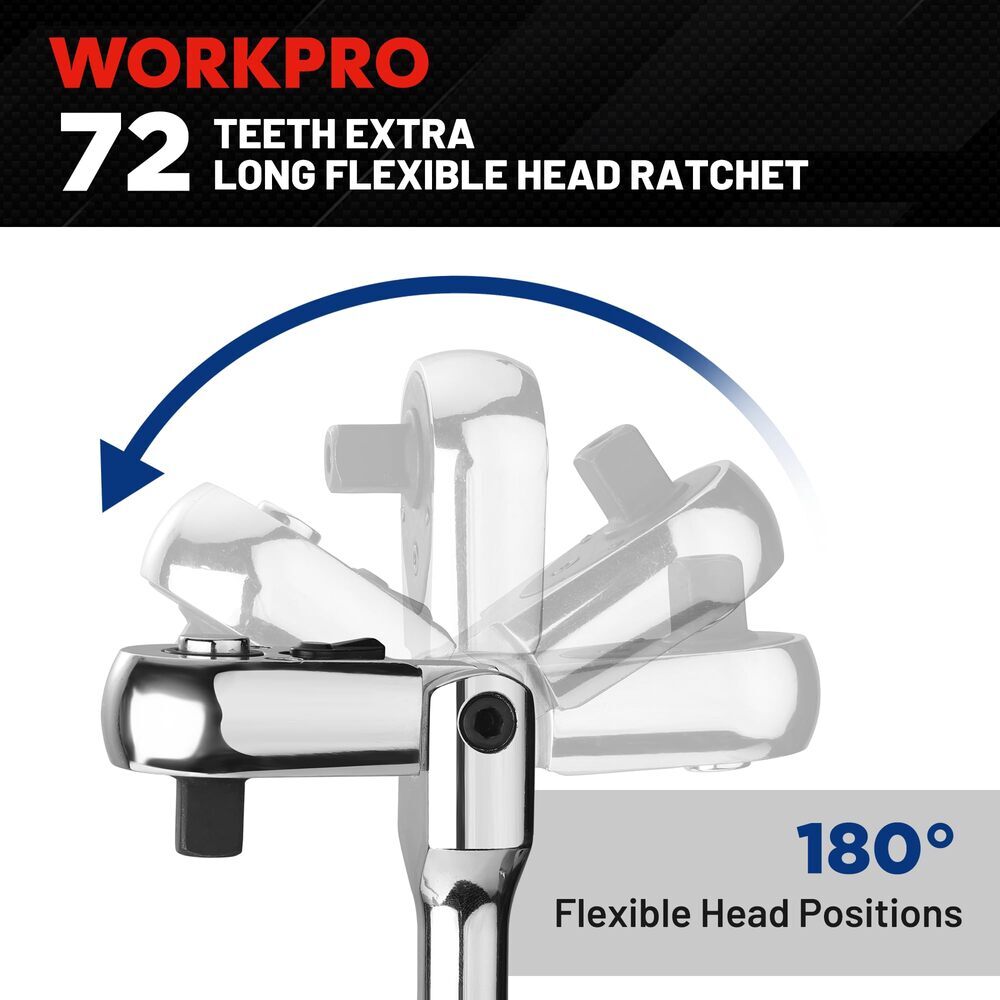 WORKPRO 12" Extra Long Flex Head Ratchet Handle 1/4" Dr Quick Release Reversible