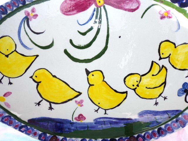 Studio Art Pottery Easter Yellow Chicks Appetizer Oval Plate Signed KINGA 15"