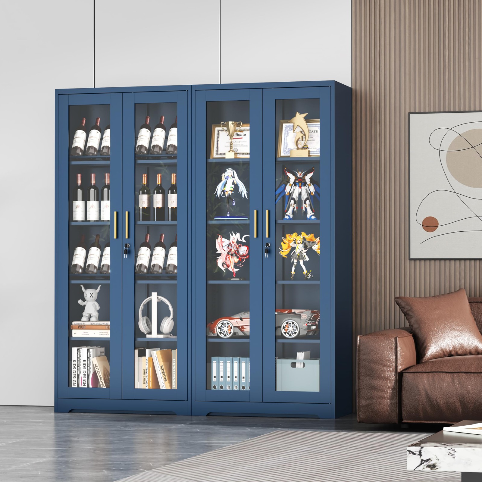 Liquor Bookcase with Doors 4 Adjustable Shelves Lockable Display Cabinet Blue