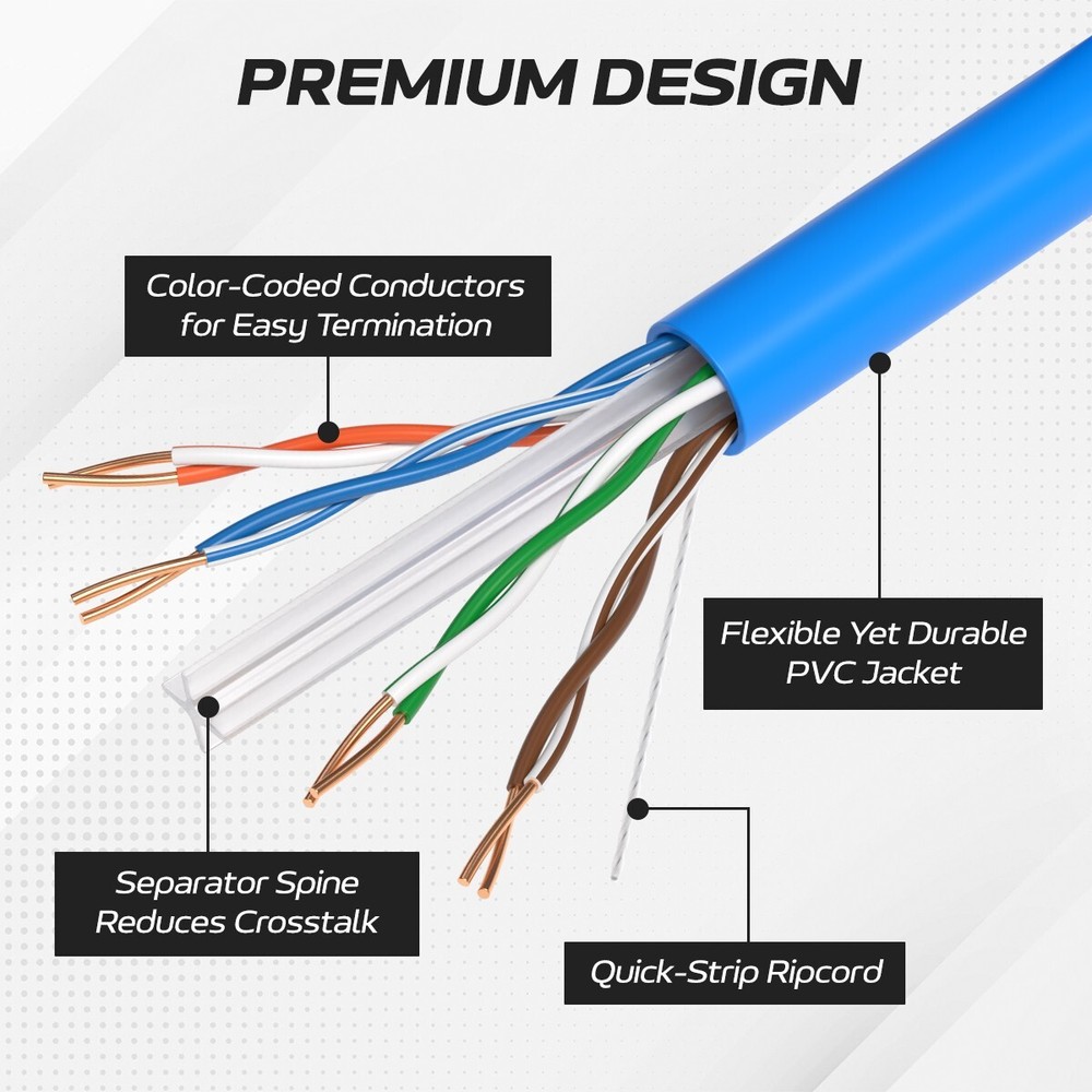 CAT6 Ethernet Cable 1000FT 23AWG CCA Network Solid Bulk Wire, Pull Box, Blue
