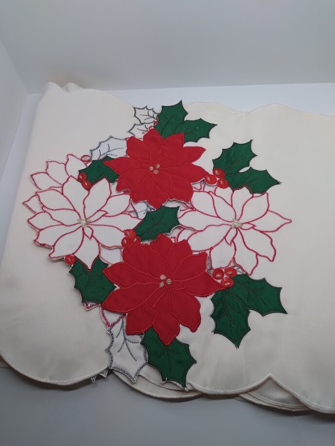 Beige Table Runner Elegant Cutwork Poinsettias 13.5" X 69"
