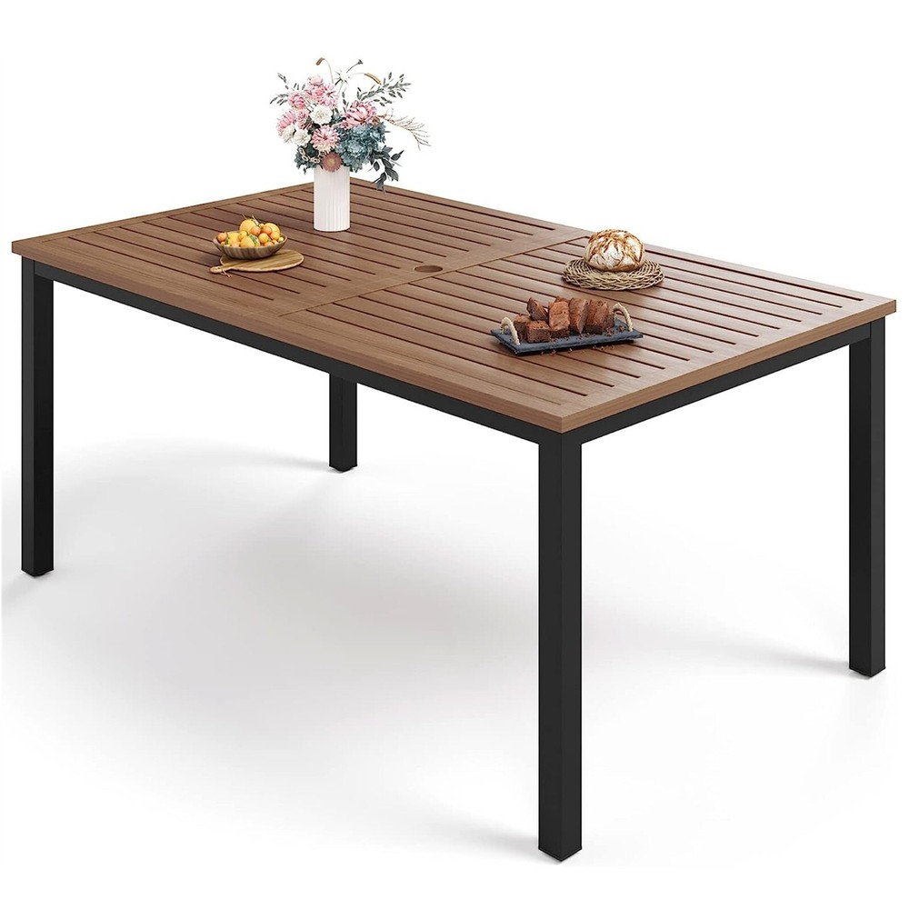 Outdoor Patio Dining Table Rectangular Porch Backyard Deck Table w/Umbrella Hole