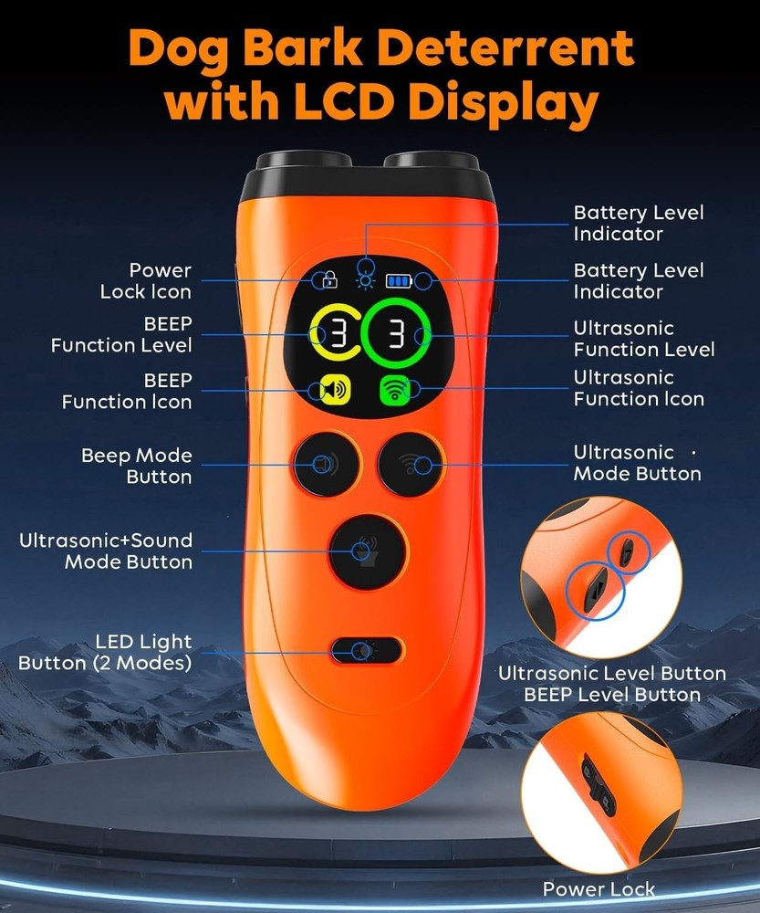 3X Ultrasonic Barking Deterrent Device, LCD Screen, 7 Modes Up to 35 FT Range