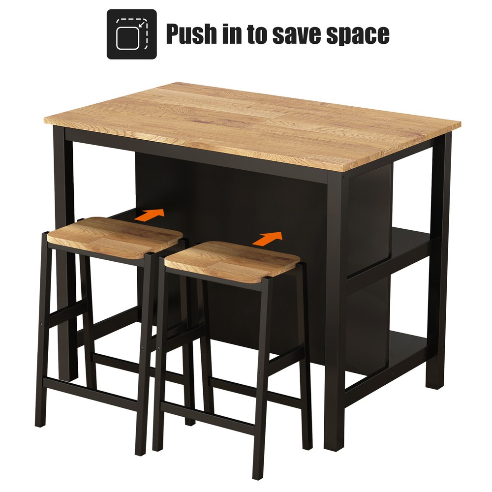 3PCS Dining Table Set Rustic Retro Breakfast Table Dining Stools with 2 Shelves