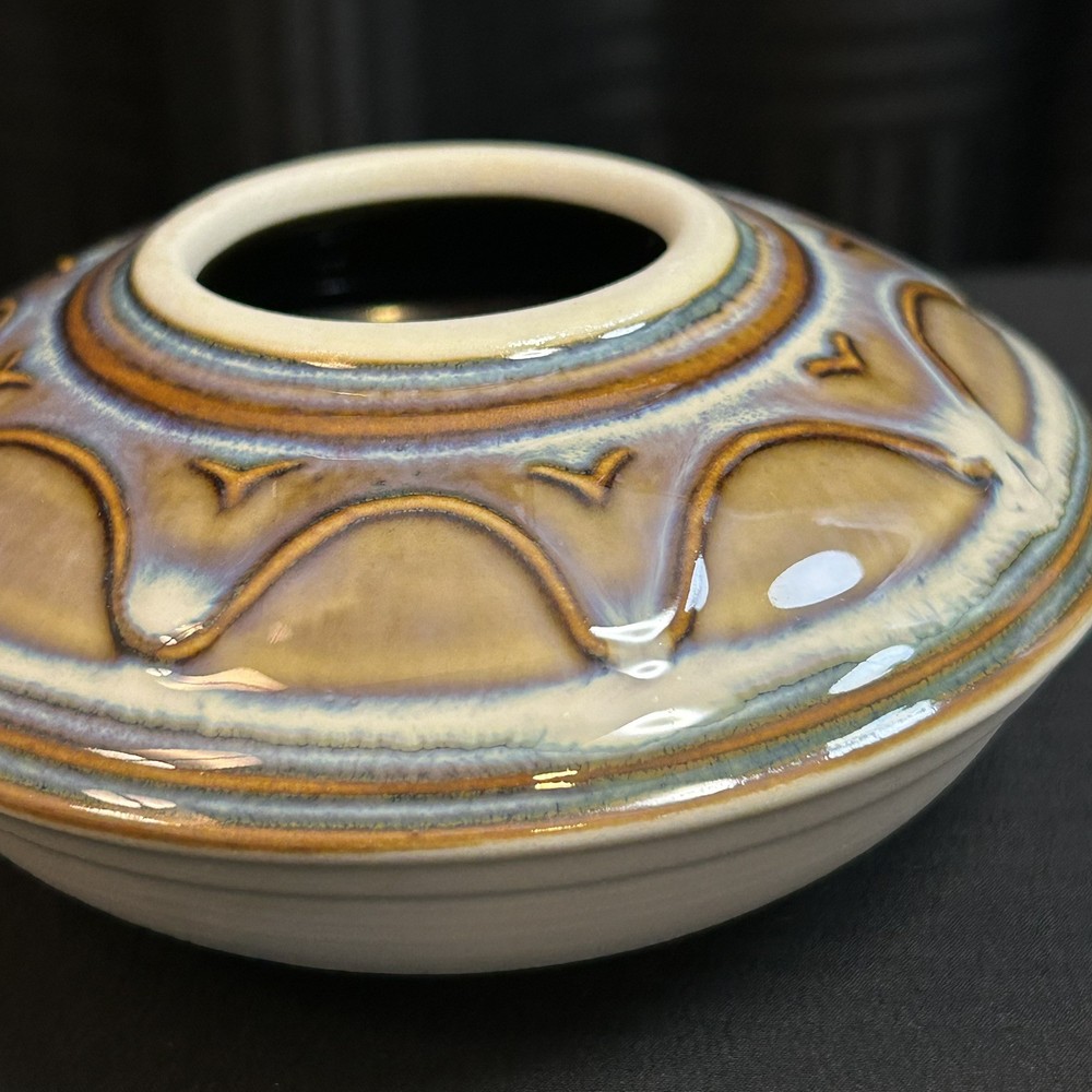 Studio Art Pottery Vessel, Signed, Textured Multicolor Glaze, 5”