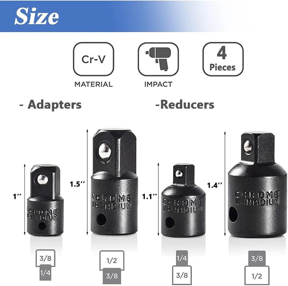 4PCS Impact Socket Adapter & Reducer Set 1/2 3/8 1/4 for Drill & Wrench