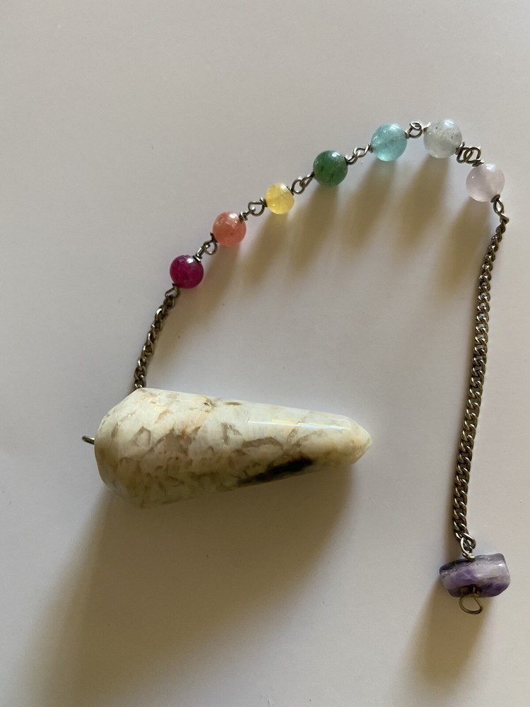 Moonstone Rainbow Chakra Pendulum Dowsing Healing Silver Chain W/amethyst